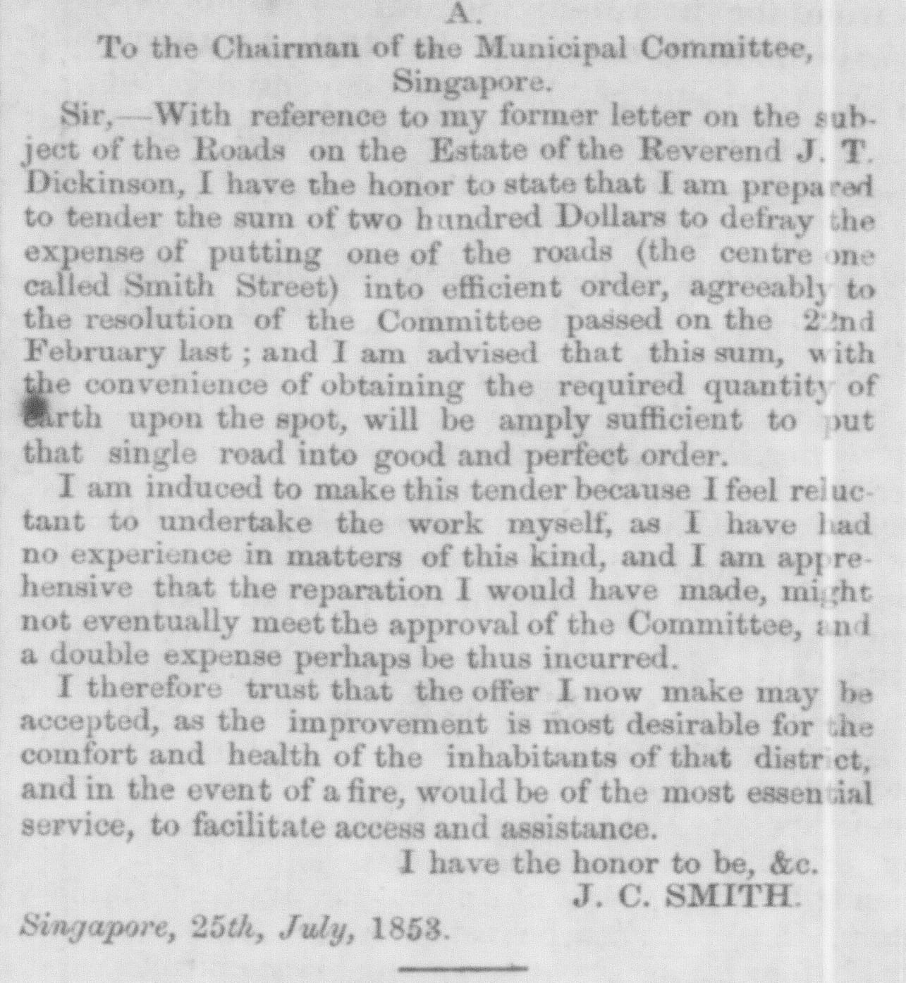 The letter dated 25 July 1853 from John Colson Smith to the chairman of the Municipal Committee